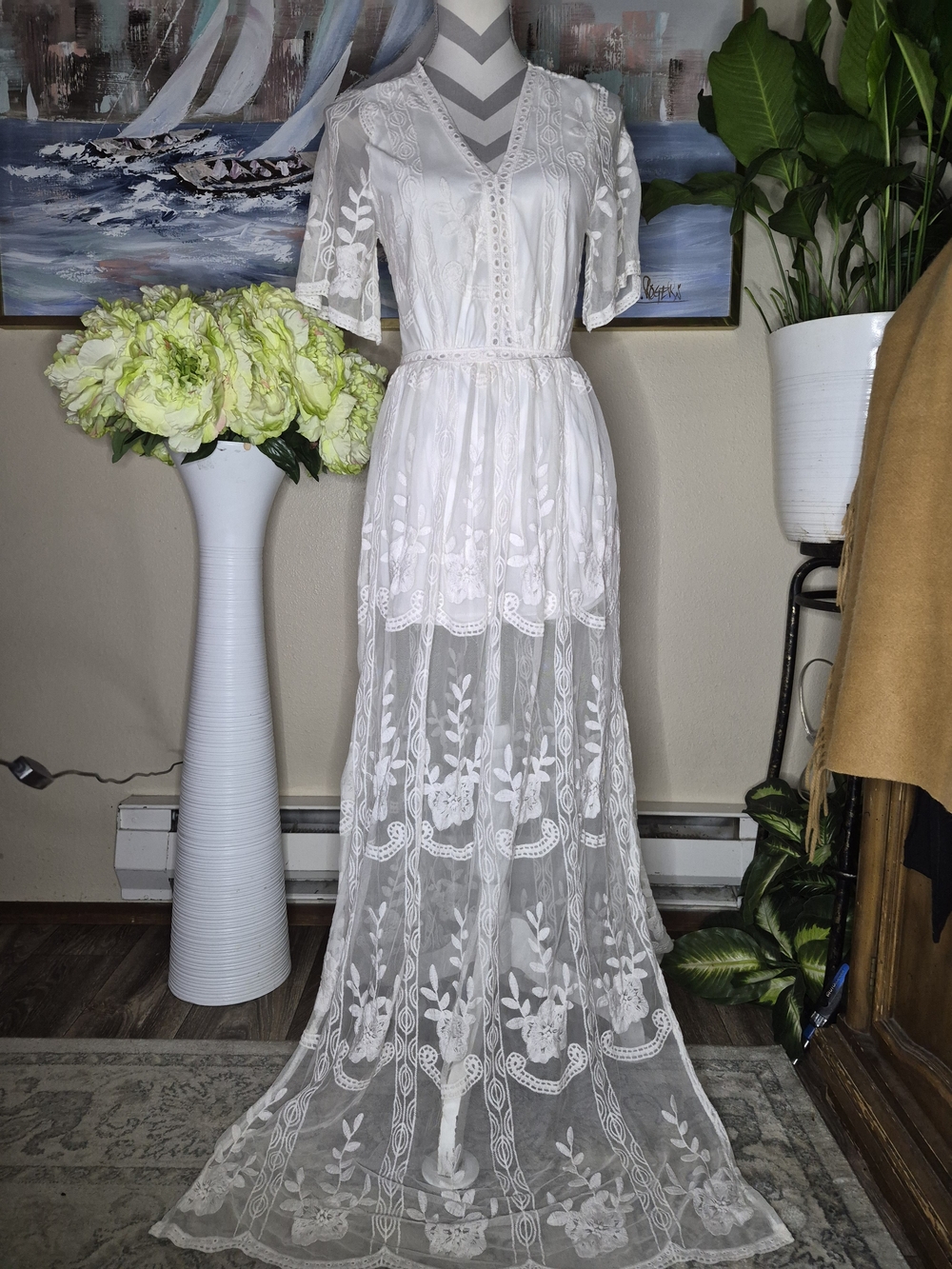 Haute Monde White Lace Maxi Skirt With Jumpsuit Shorts with Floral Embroidery